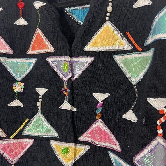 DESIGN OPTIONS Cardigan Sweater Martini Glass 3D Beaded Multicolor Bling Knit - Picture 4 of 8